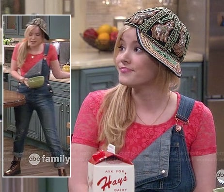 Lennox’s pink lace crop top with denim overalls and embellished hat on Melissa and Joey