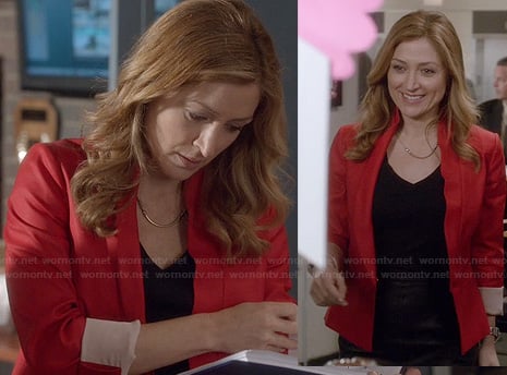Maura’s red blazer and curved bar necklace on Rizzoli and Isles