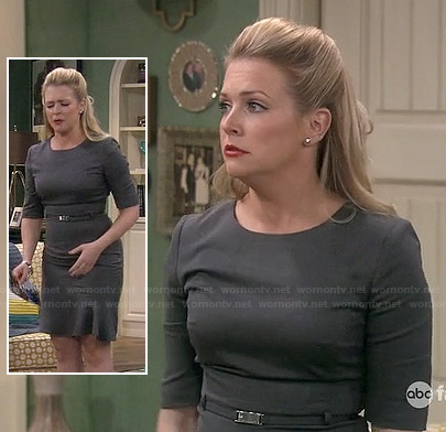 Mel’s grey elbow sleeve dress with ruffled hem on Melissa and Joey