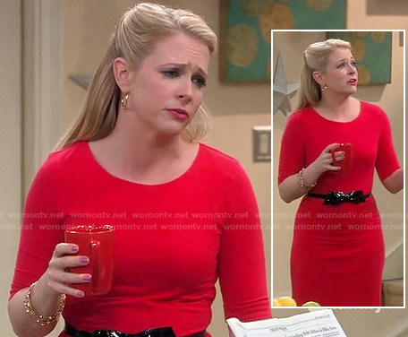 Mel’s red elbow sleeve dress with black bow belt on Melissa & Joey