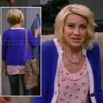 Riley’s cherry print top with blue and white tipped cardigan on Baby Daddy