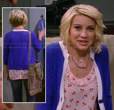 Riley’s cherry print top with blue and white tipped cardigan on Baby Daddy