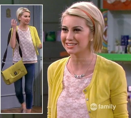 Riley’s white lace top with yellow cardigan and messenger bag on Baby Daddy