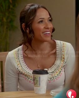 Rosie’s white embroidered henley top on Devious Maids
