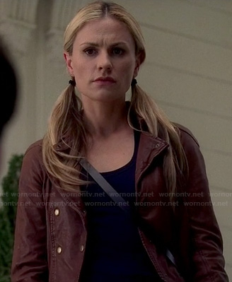 Sookie’s brown leather double breasted jacket on True Blood