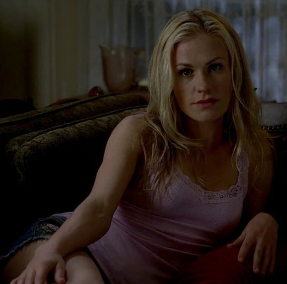 Sookie's purple lace trim tank top and denim shorts on True Blood