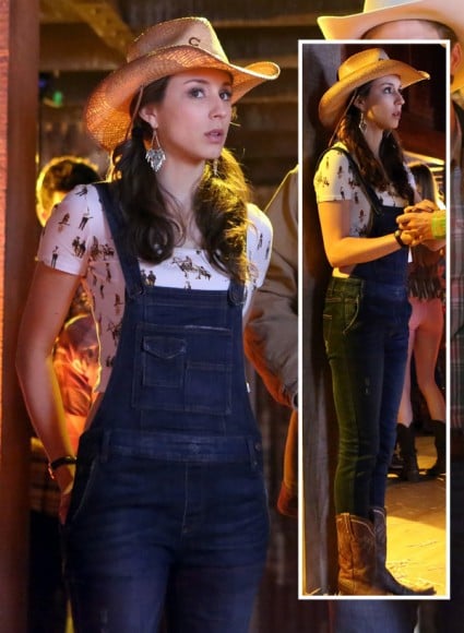 Spencer's denim overalls and cowboy crop top on PLL