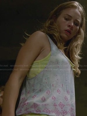 Angie’s watercolor crossover back tank top with pink pattern on Under the Dome