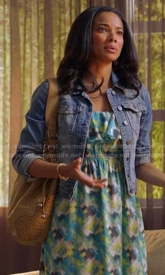 April’s blue and green printed maxi dress and denim jacket on Mistresses