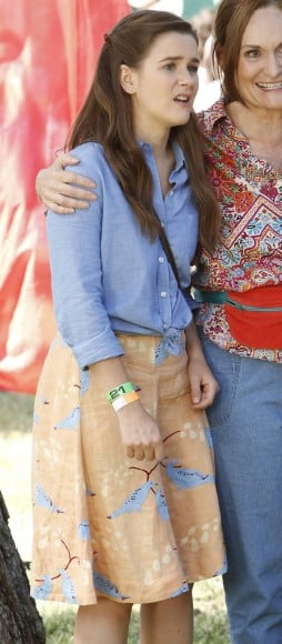 Betsey's orange and blue bird print skirt on The Mindy Project