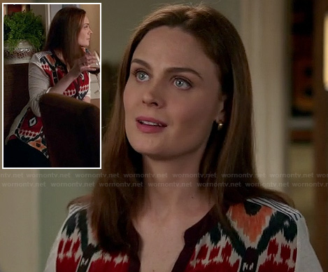 Bones’s red ikat print blouse with striped shoulders on Bones