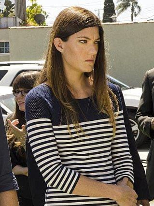 Debra’s navy blue striped mesh top on Dexter