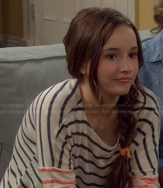 Eve’s navy blue and red striped tee on Last Man Standing