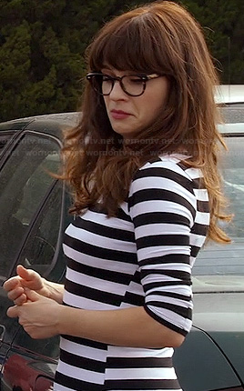 Jess’s black and white striped three quarter sleeve top on New Girl
