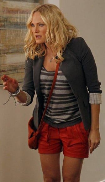 Kate's red leather shorts on Trophy Wife