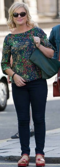 Leslie's navy, green and red printed blouse on Parks & Rec