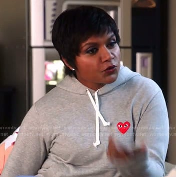 Mindy's grey sweatshirt with red heart on The Mindy Project