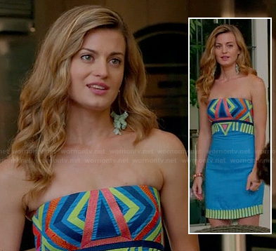 Paige’s blue stripe patterned strapless mini dress on Royal Pains