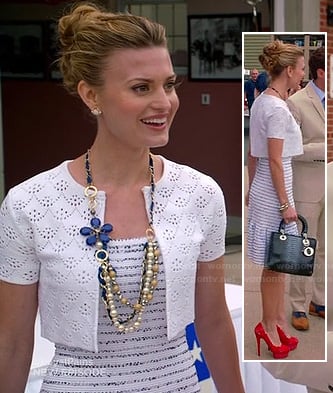 Paige’s white striped ruffle dress and eyelet detail cropped jacket on Royal Pains