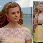 Paige’s yellow lace overlay dress, pink statement earrings and circular purse on Royal Pains