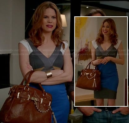 Peri's blue grey white and yellow dress on Devious Maids