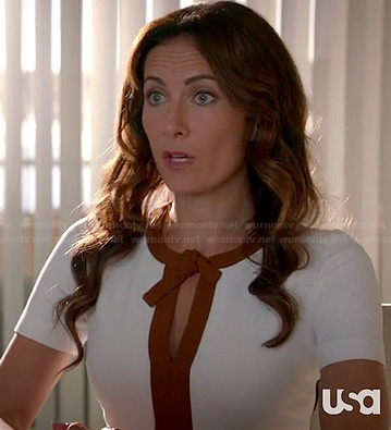 Shelby’s white dress with brown tie front on Royal Pains
