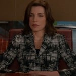 Alicia’s black and white crosshatch jacket with leather trim on The Good Wife