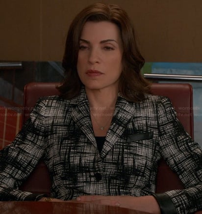 Alicia’s black and white crosshatch jacket with leather trim on The Good Wife
