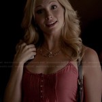 Caroline’s pink pintuck henley cami on The Vampire Diaries