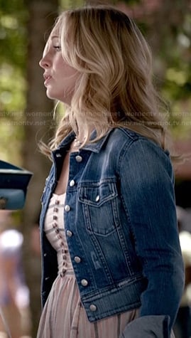 Caroline’s striped button front dress and denim jacket on The Vampire Diaries