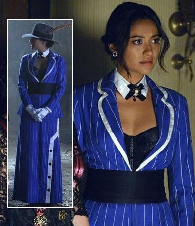 Emily's blue pinstripe suit costume on PLL 2013