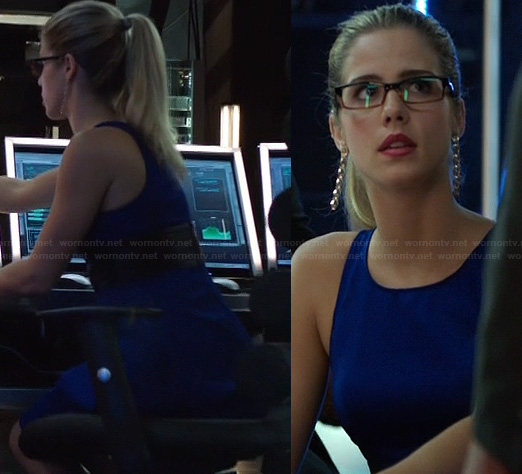 Felicity’s blue dress with leather waistband on Arrow