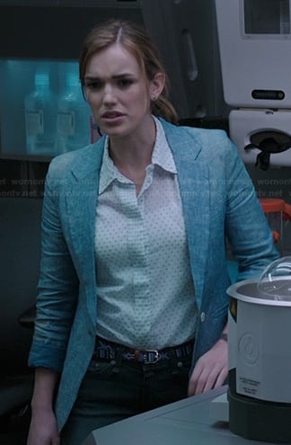 Jemma’s white pin dot shirt and chambray blazer on Agents of SHIELD