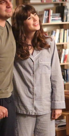 Jess Day's grey pajamas with white polka dots on New Girl