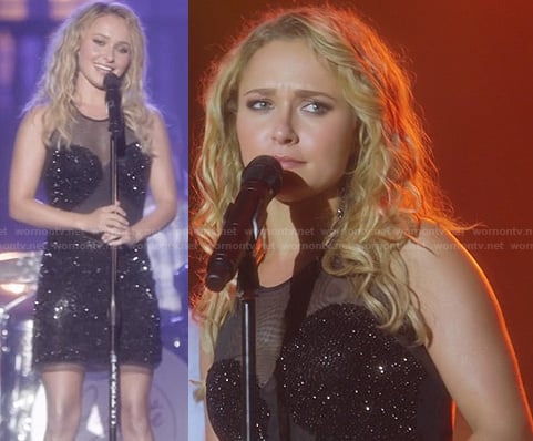 Juliette’s black beaded performance dress with mesh cutouts on Nashville