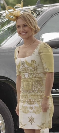 Juliette’s yellow graphic printed dress at the polo match on Nashville
