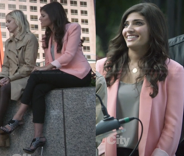 Lauren’s pink blazer and silver sandals on The Crazy Ones