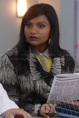 Mindy’s black and white patterned jacket on The Mindy Project
