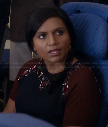 Mindy’s burgundy and navy gem embellished top on The Mindy Project