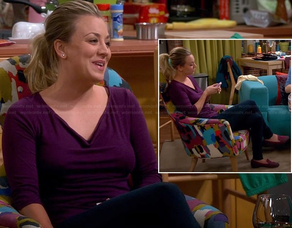 Penny’s purple cowl neck top and purple/pink tassel loafers on The Big Bang Theory