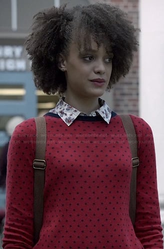 Remy’s red polka dot button back sweater and printed shirt on Ravenswood