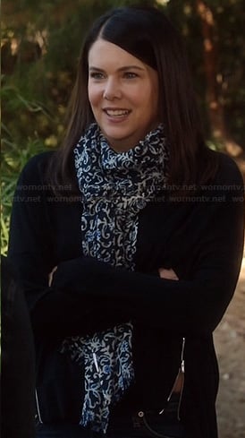 Sarah’s black sweater with side zips and navy print scarf on Parenthood