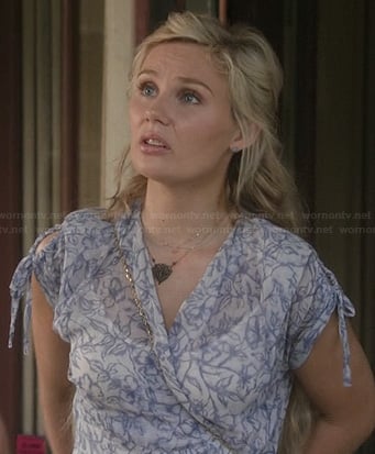 Scarlett’s blue printed wrap midi dress on Nashville
