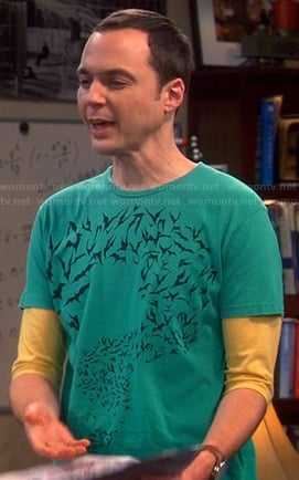Sheldon’s green bat question mark tee on The Big Bang Theory