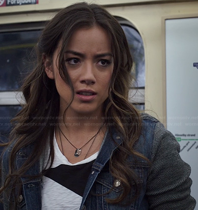 Skye’s black and white colorblock tee and denim jacket on Agents of SHIELD