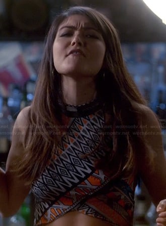 Sophie’s geometric printed wrap crop top on The Originals