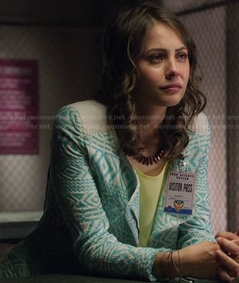 Thea’s blue and white aztec patterned jacket on Arrow
