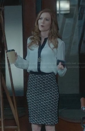 Abby’s printed skirt and contrast placket blouse on Scandal