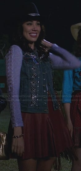 Angela’s western outfit – red leather skirt, purple top and embellished denim vest on Bones