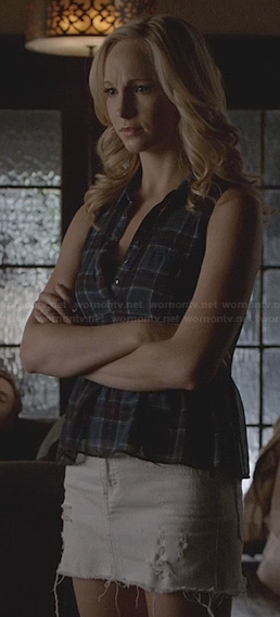 Caroline’s plaid peplum top and white denim skirt on The Vampire Diaries